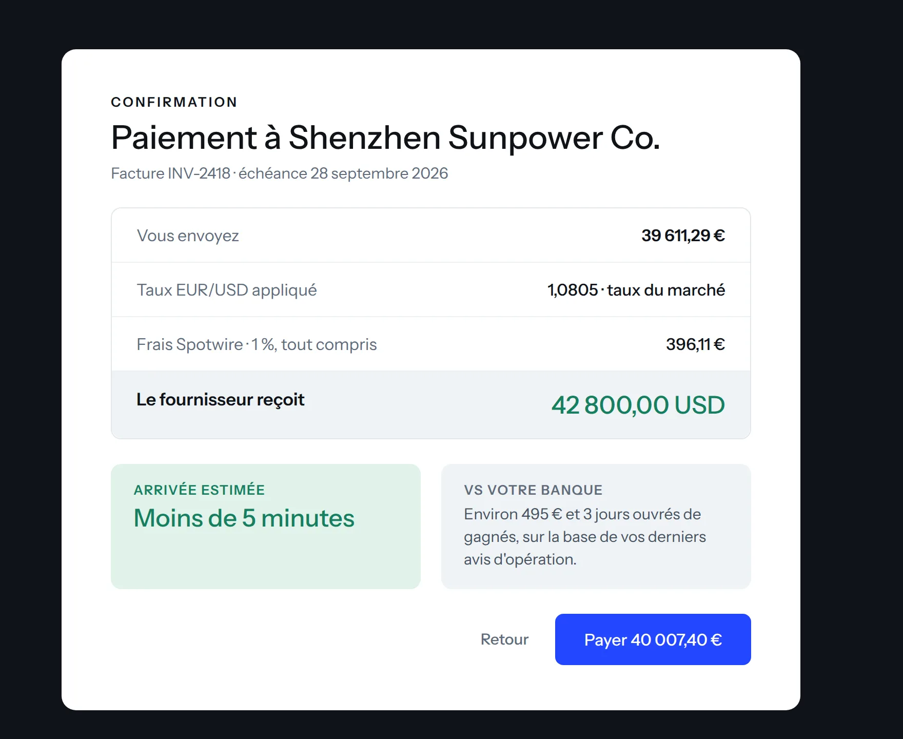 Écran de confirmation de paiement Spotwire